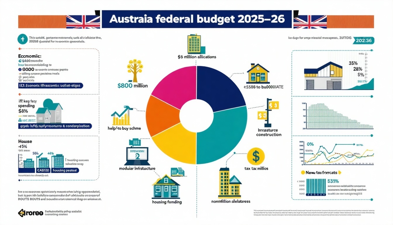 A detailed infographic showcasing the Australian Federal Budget 202526 The background features a blend of vibrant colors representing economic growth-1