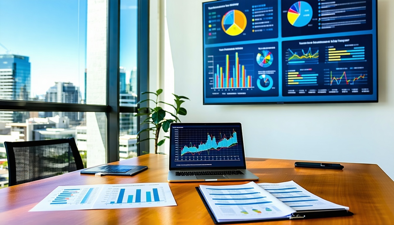 A professional setting featuring a wellorganized office space with a large wooden desk adorned with a sleek laptop financial reports and a notepad fi-2